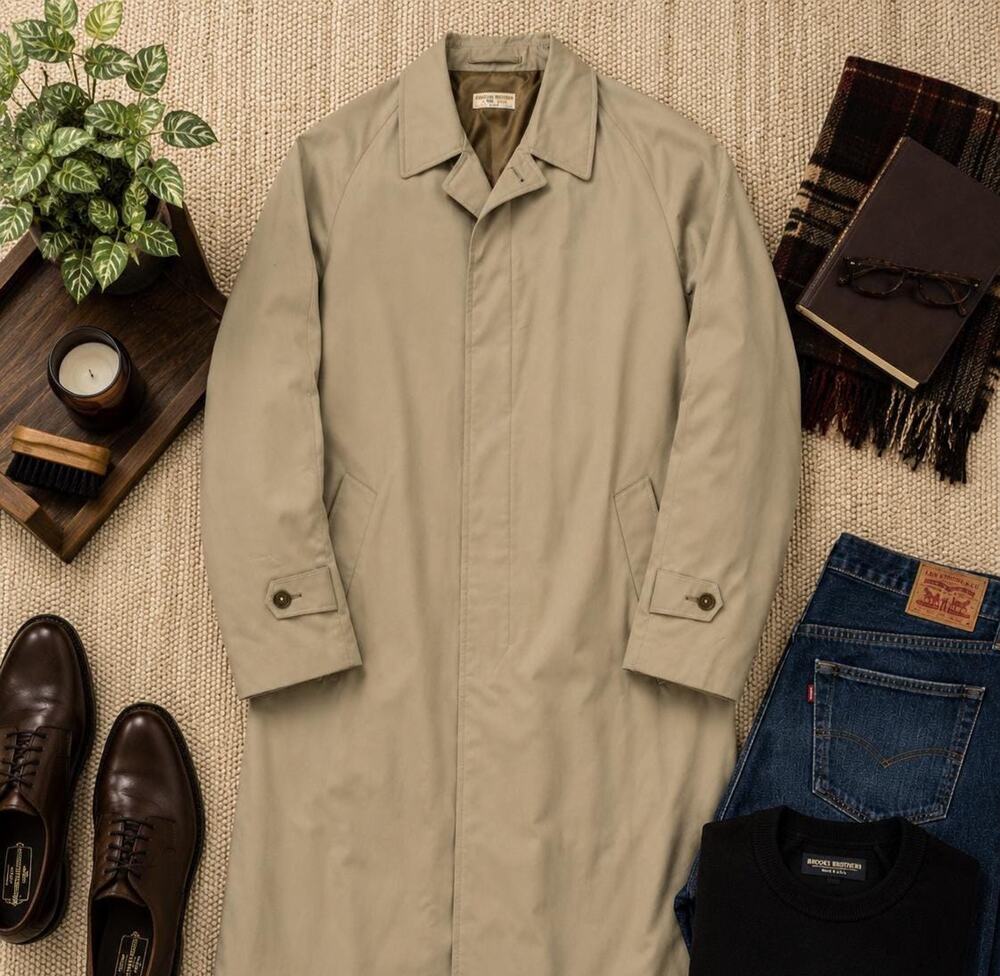 Vintage Brooks Brothers Balmacaan Raincoat 40XL Khaki Wool Heritage Trench Coat